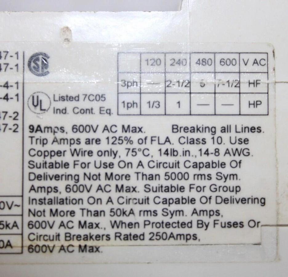 Used ABB MANUAL MOTOR STARTER MS325 6.3-9 AMP 600 VAC 3-PHASE 3-POLE 7.5 HP