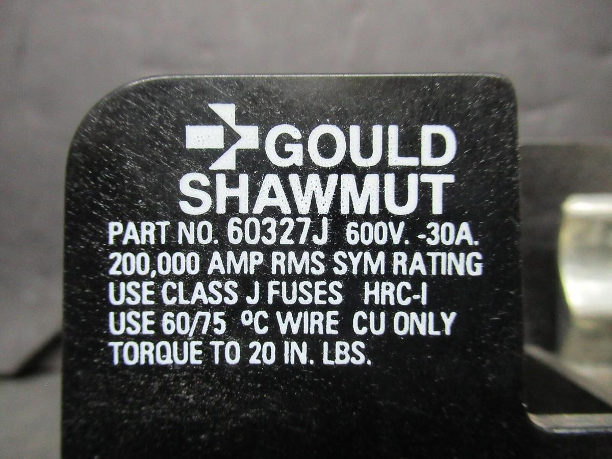 Used GOULD SHAWMUT FUSE BLOCK 60327J 600 VOLT 30 AMP CLASS J FUSES 2-POLE
