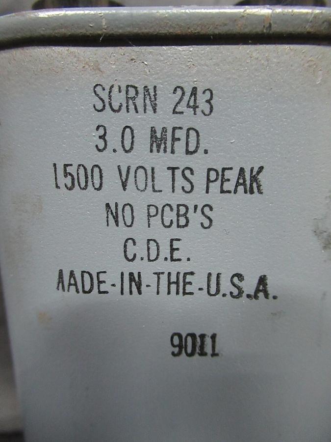 Used CDE CAPACITOR SCRN-243 3.0 MFD 1500 VOLT 9011 **WARRANTY INCLUDED**