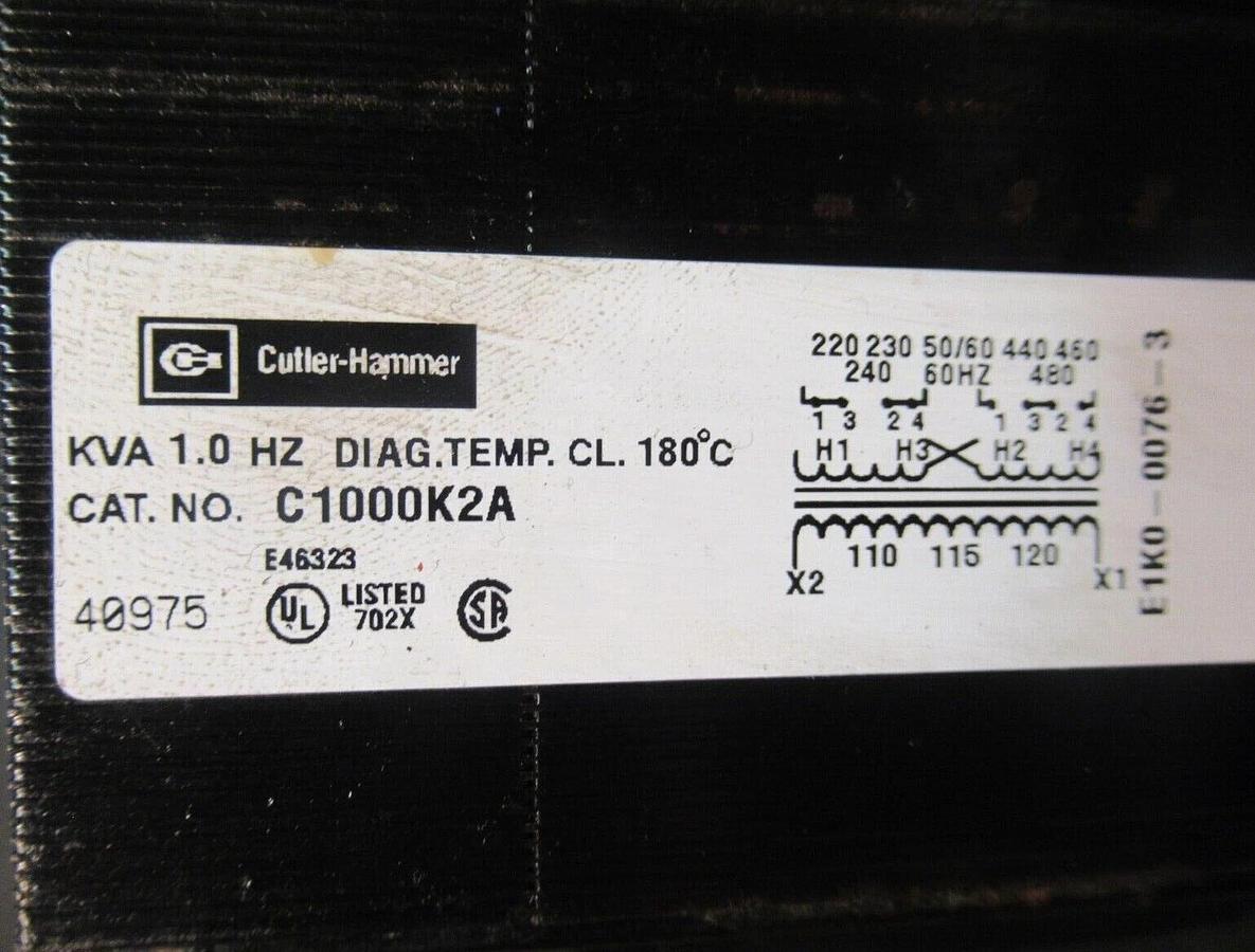 Used CUTLER HAMMER TRANSFORMER C1000K2A 1 KVA PRI: 480V SEC: 120V