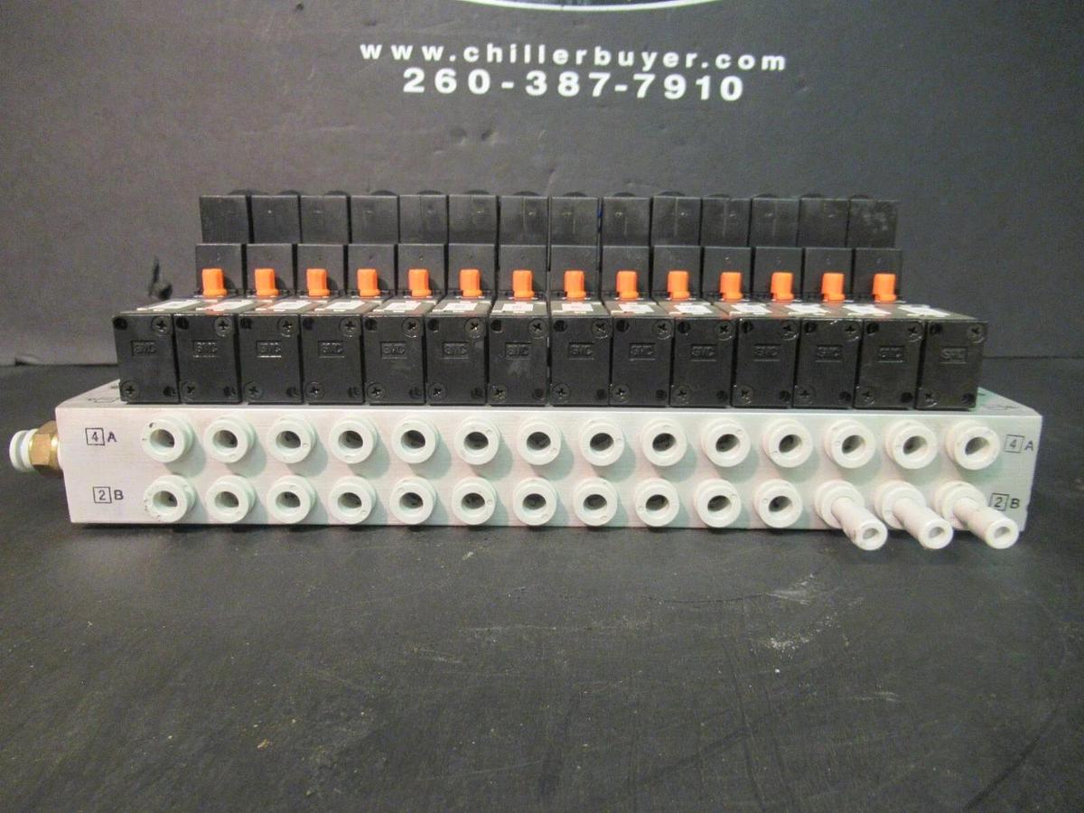 Used SMC SOLENOID VALVE BANK AND MANIFOLD 30-VZ-3140-5DC 24 VDC 0.075 AMP