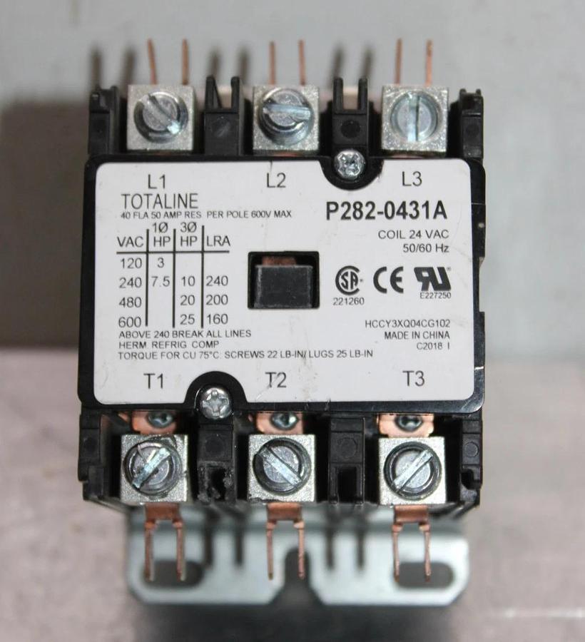 Used TOTALINE CONTACTOR P282-0431A 600 VAC 40 AMP 25 HP 3-POLE COIL: 24 VAC