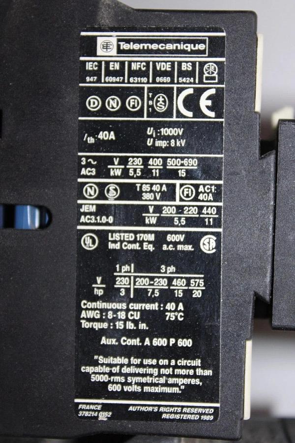 Used TELEMECANIQUE STARTER LC1-D25-10 600 VAC 40 AMP 20 HP 3-PHASE *WARRANTY*