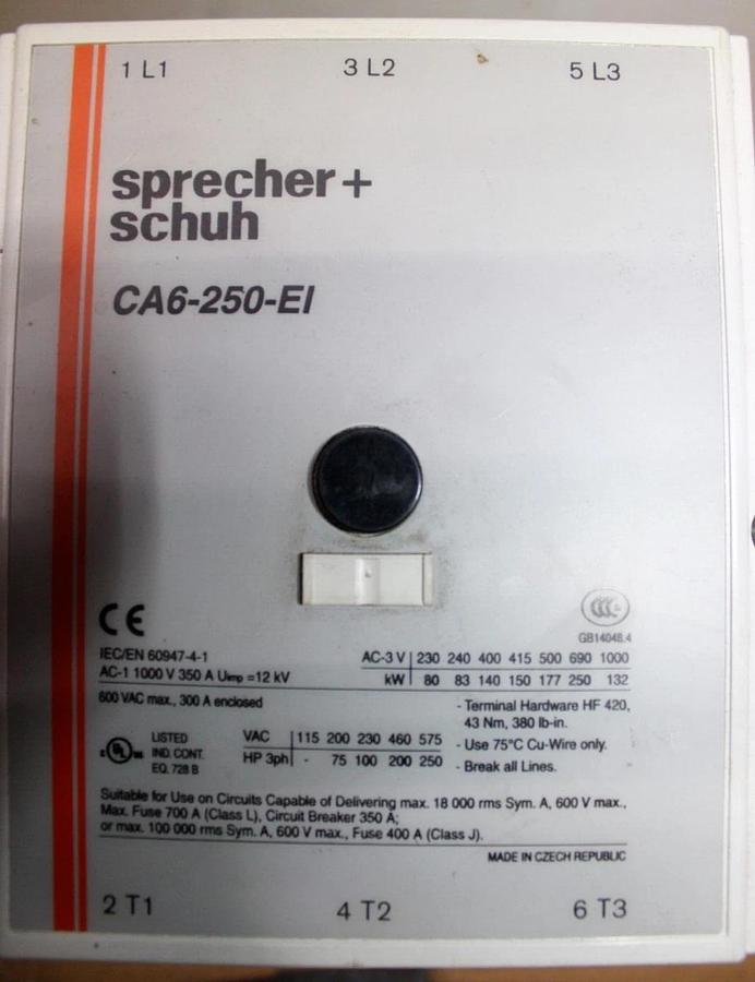 Used SPRECHER+SCHUH CONTACTOR CA6-250-EI 300 AMP 600 VAC 250 HP COIL: 110-130V
