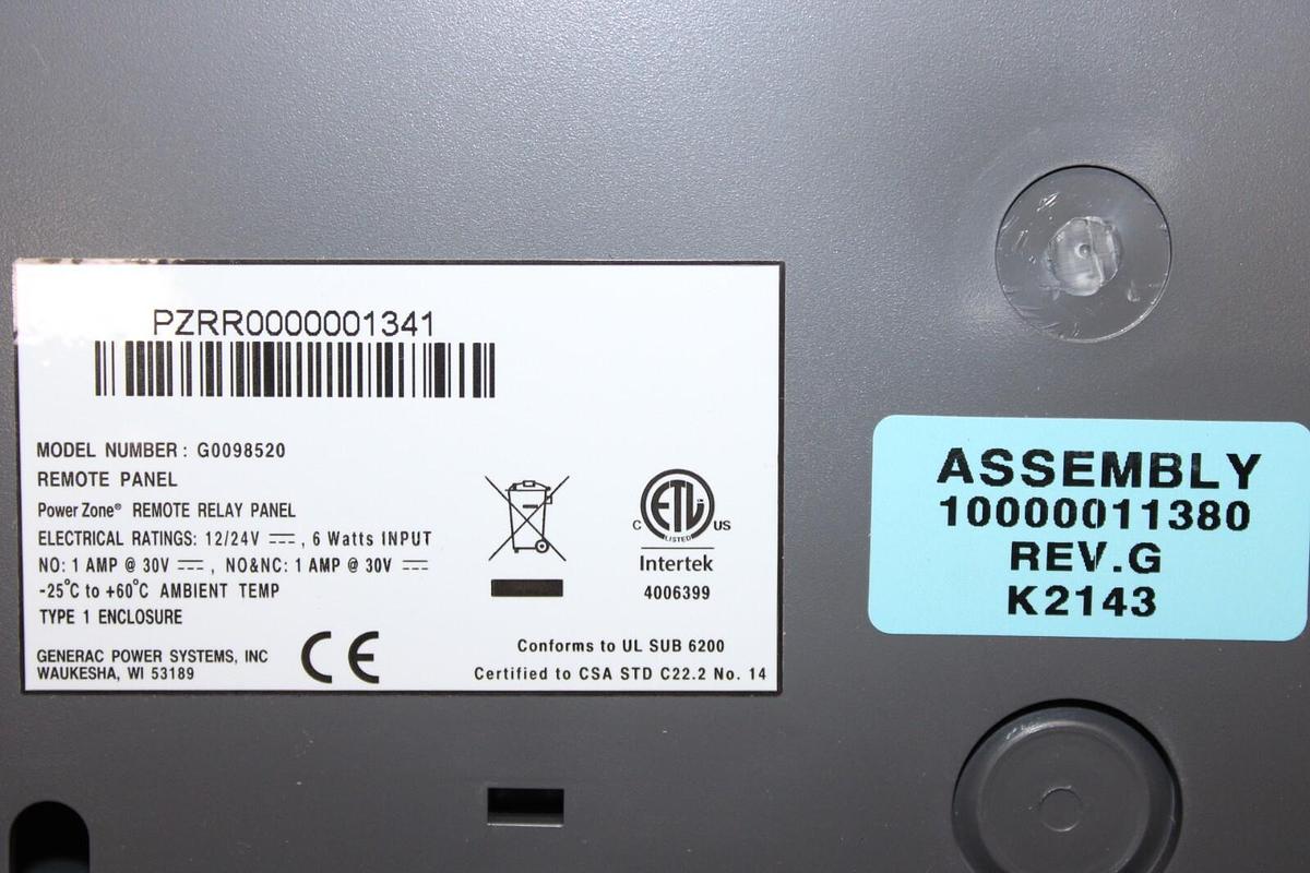 GENERAC REMOTE RELAY PANEL G0098520 10000011380 REV. G PZRR0000001341 *NEW*