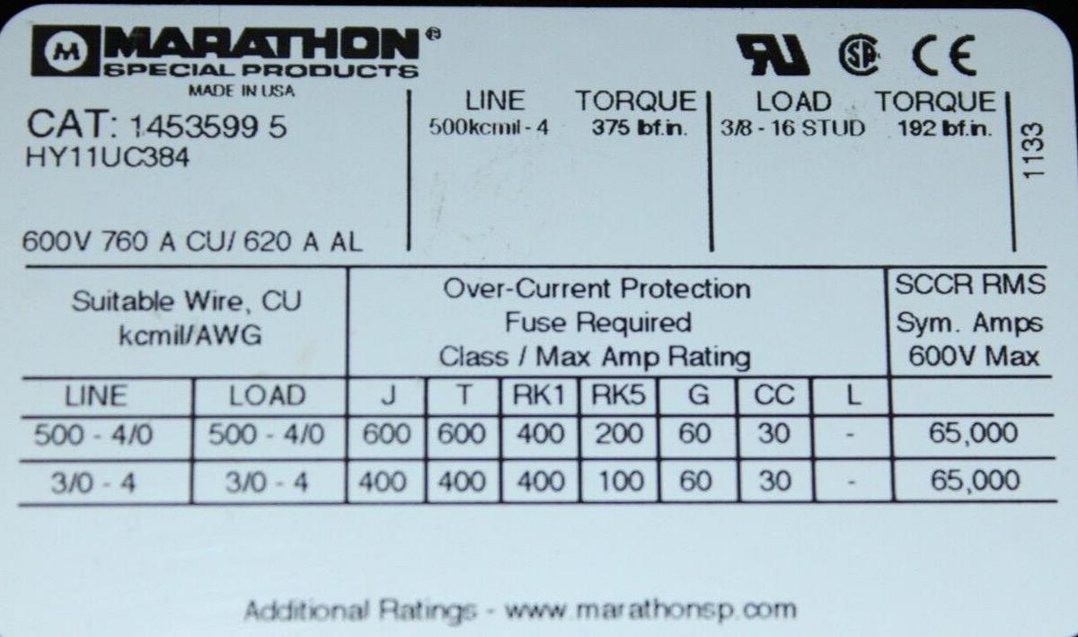 Used MARATHON POWER DISTRIBUTION LUG TERMIAL 1453599-5 600 VAC 760A 3-POLE W/ COVER