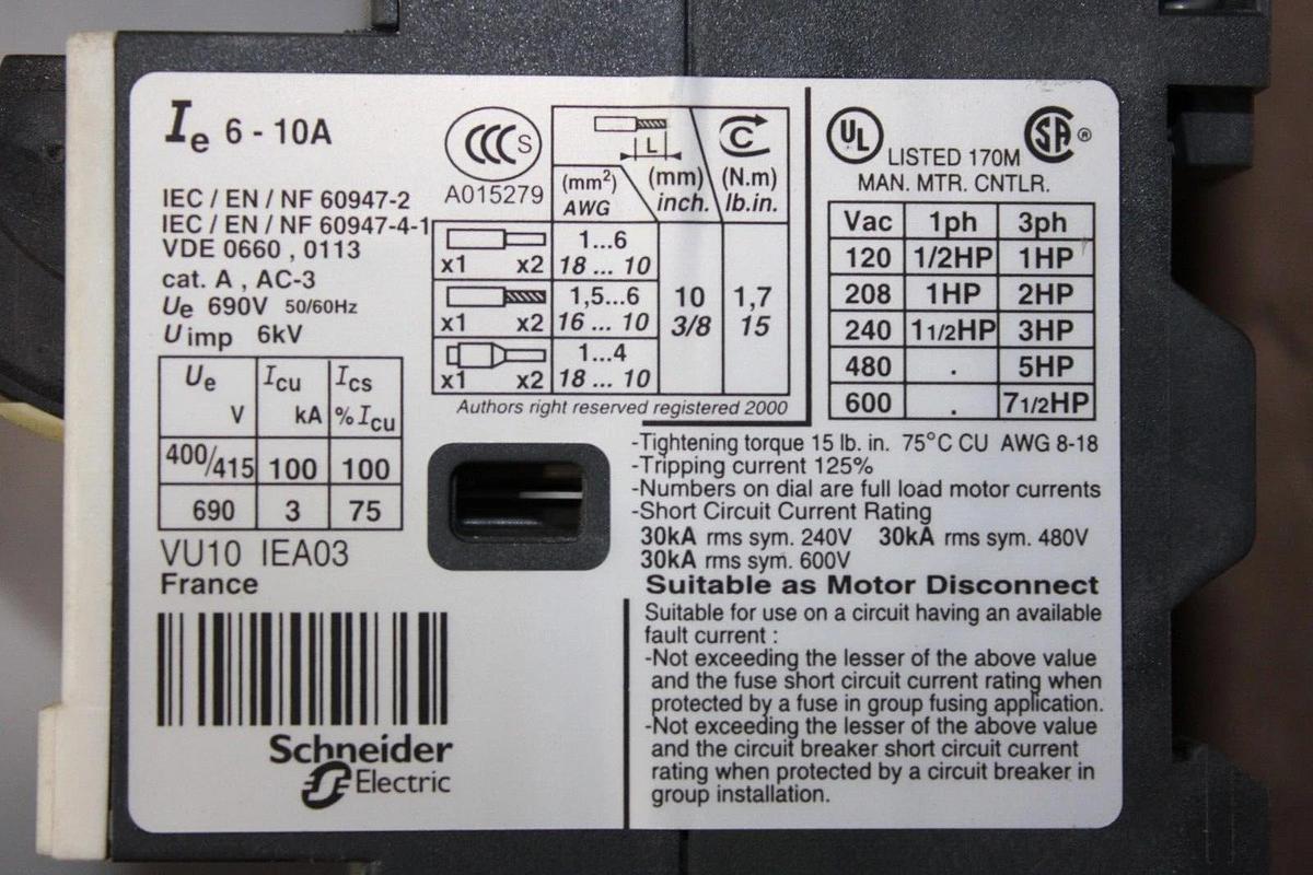 Used TELEMECANIQUE STARTER LC1D12 25 AMP 3-PHASE 600V 10HP W/ GV2ME14/6-10A