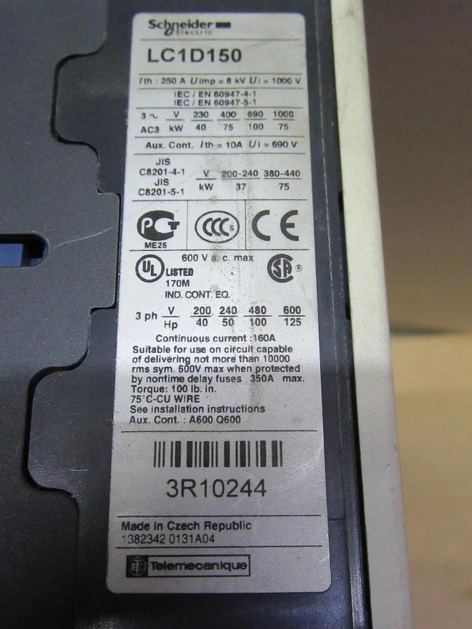 Used SCHNEIDER REVERSING CONTACTOR LC1D150 160 AMP 600 VAC 3-PHASE 125 HP