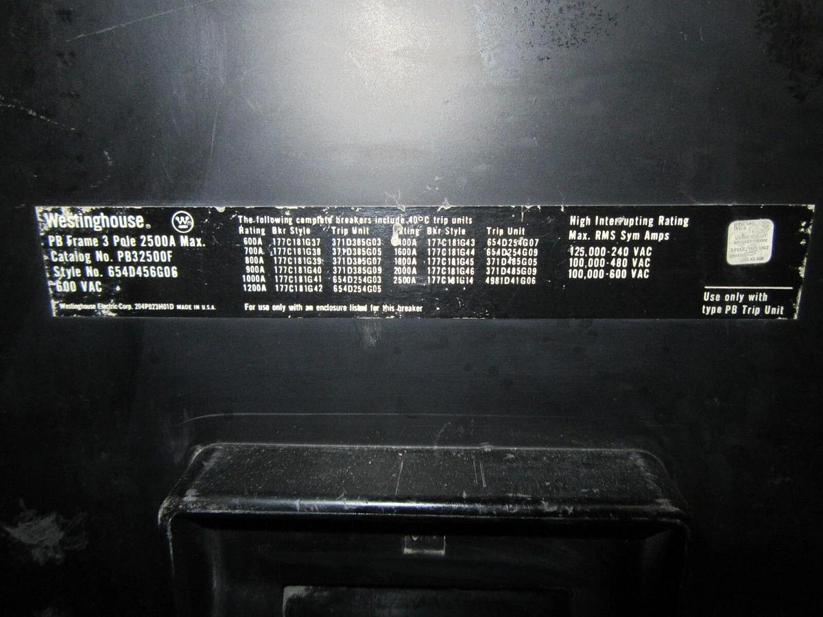 Used WESTINGHOUSE PB 2500 AMP FRAME CIRCUIT BREAKER PB32500F 3 POLE PB32500F 600 VAC