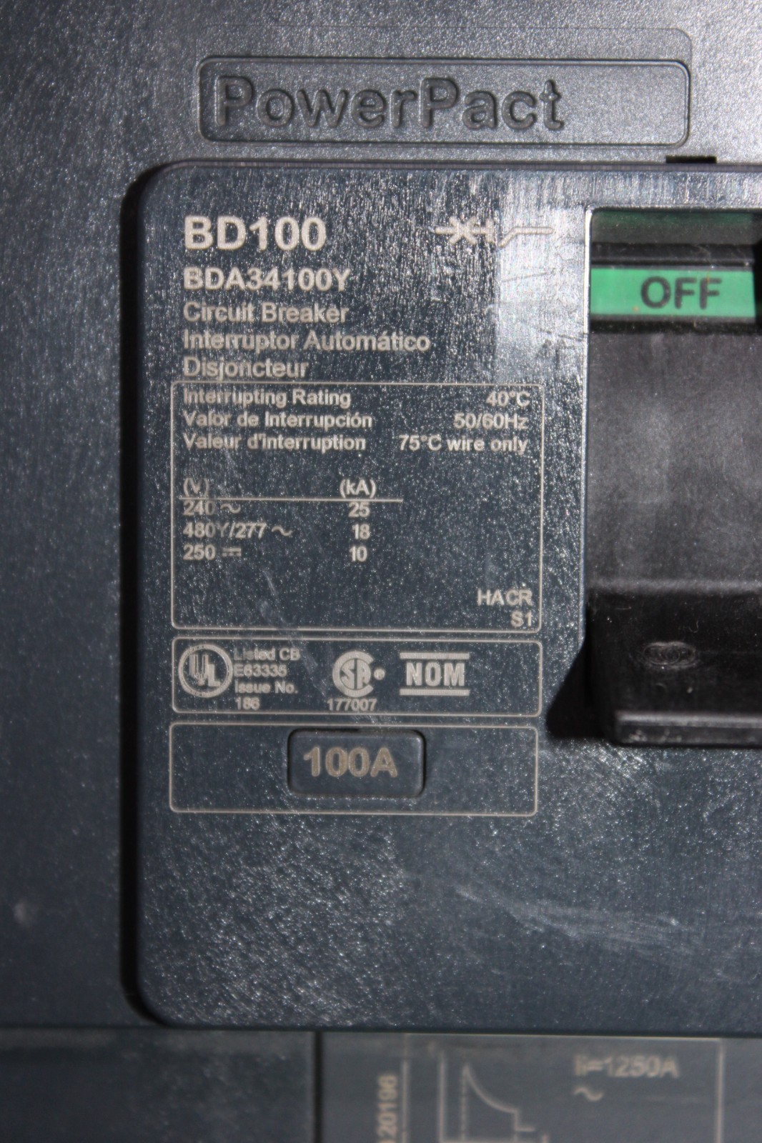 Used SQUARE D POWERPACT I-LINE CIRCUIT BREAKER BDA34100Y 480/277V 100A 3-POLE