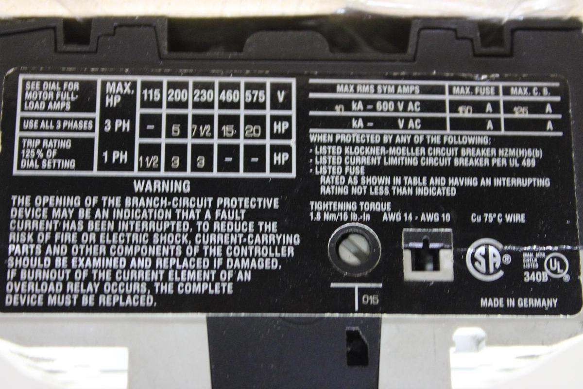 Used MOELLER MANUAL MOTOR STARTER PKZM0-4 600 VAC 4 AMP 3-PHASE