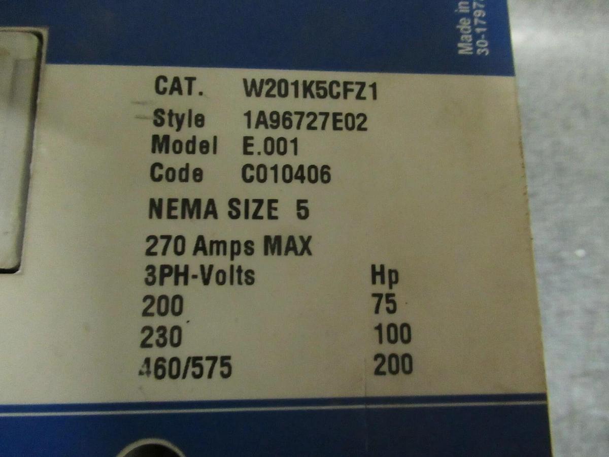 Used 270 AMP NEMA: 5 CUTLER HAMMER CONTACTOR W201K5CFZ1 200 HP 600 VAC 3 PHASE
