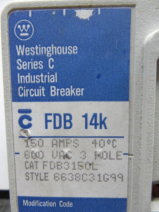 Used WESTINGHOUSE CIRCUIT BREAKER FDB3150L 150 AMP 3-POLE 600 VAC **WARRANTY**