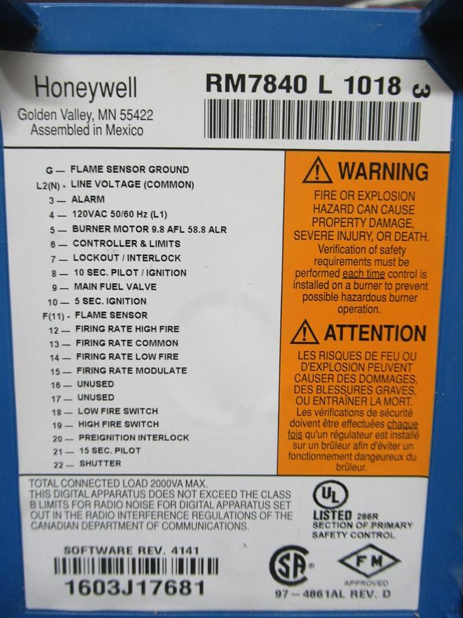 Used HONEYWELL BURNER CONTROL ULTRAVIOLET FLAME AMPLIFIER RM7840-L-1018 2000 VA MAX