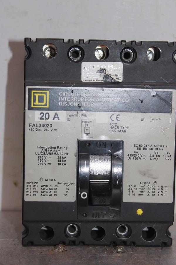 Used SQUARE D I-LINE CIRCUIT BREAKER FH26020BC SERIES 2 20 AMP 600 VAC 2-POLE