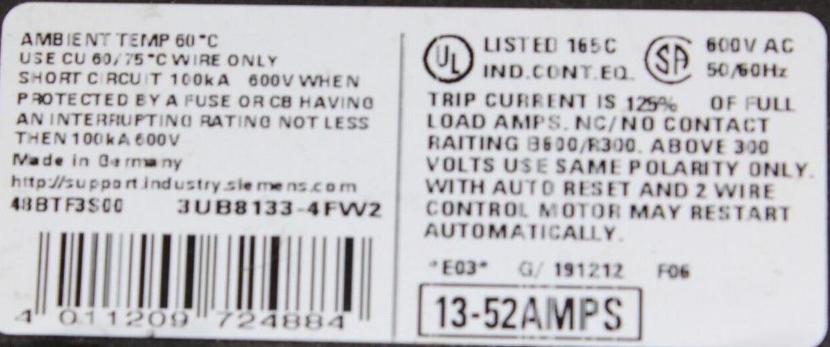 Used SIEMENS ESP200 48BTF3S00 OVERLOAD RELAY 13-52 AMPS 600VAC 3UB8133-4FW2