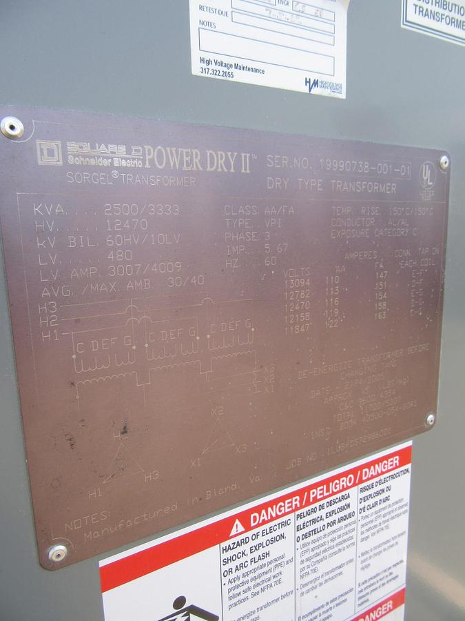 Used 2500 / 3333 KVA SQUARE D TRANSFORMER SUBSTATION INSULATED HV 12470 LV 480