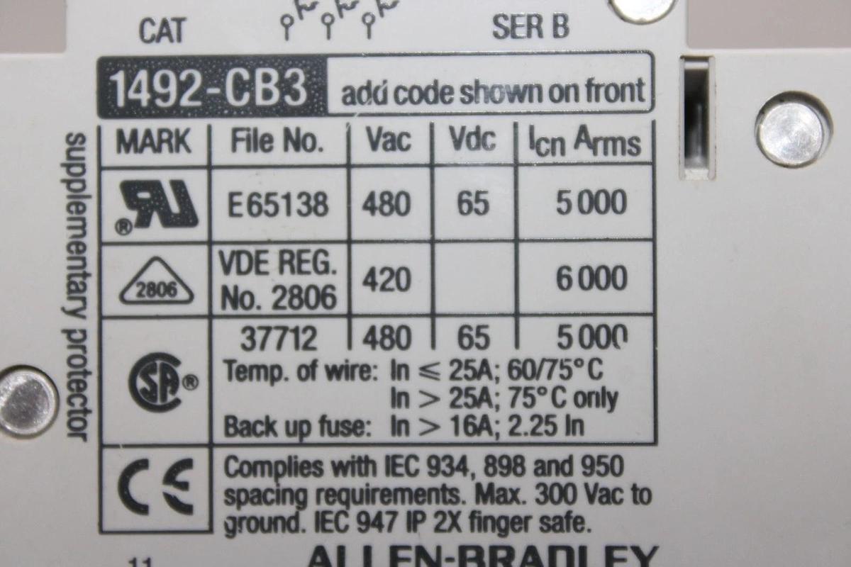 Used ALLEN BRADLEY CIRCUIT BREAKER 1492-CB3 480/277 VAC 10 AMP 3-POLE