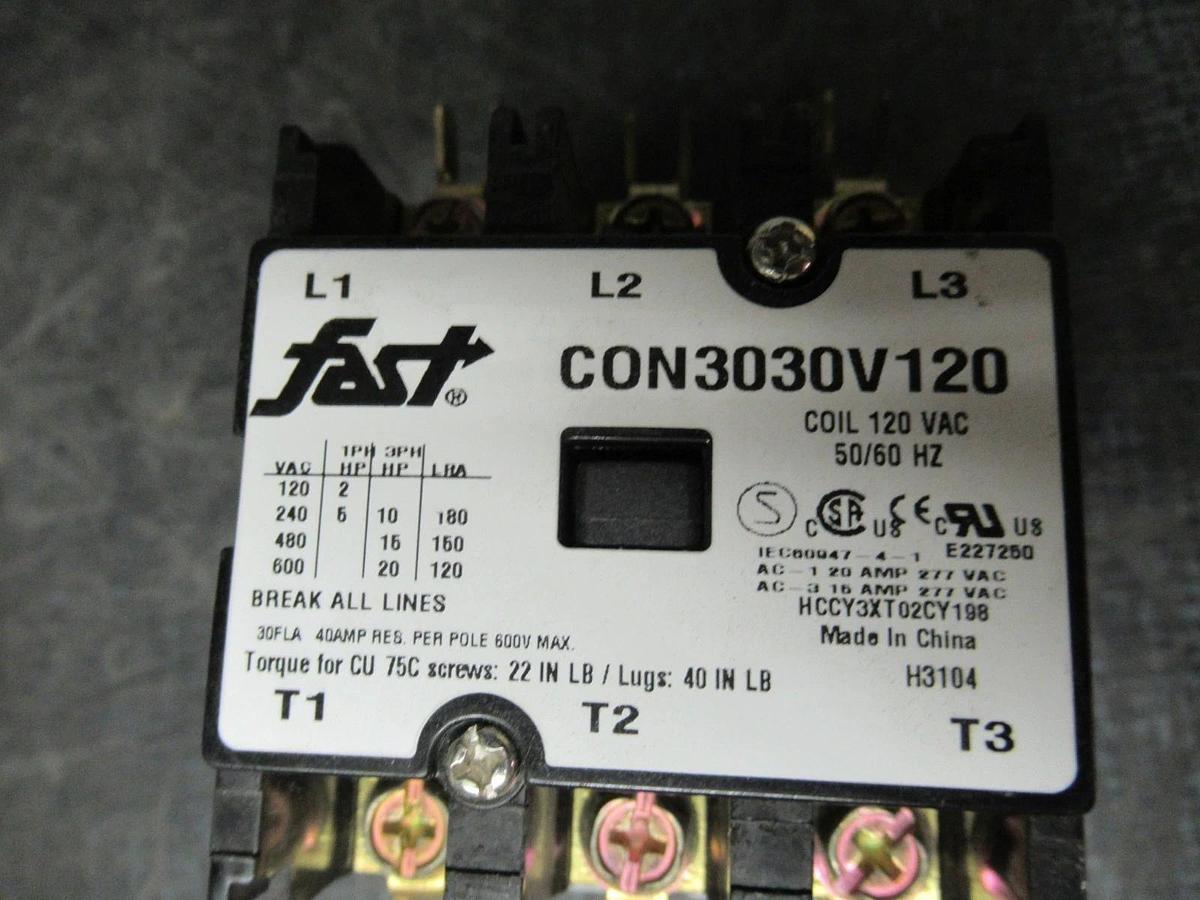 Used FAST CONTACTOR CON3030V120 600V 30A COIL: 120V **WARRANTY INCLUDED**
