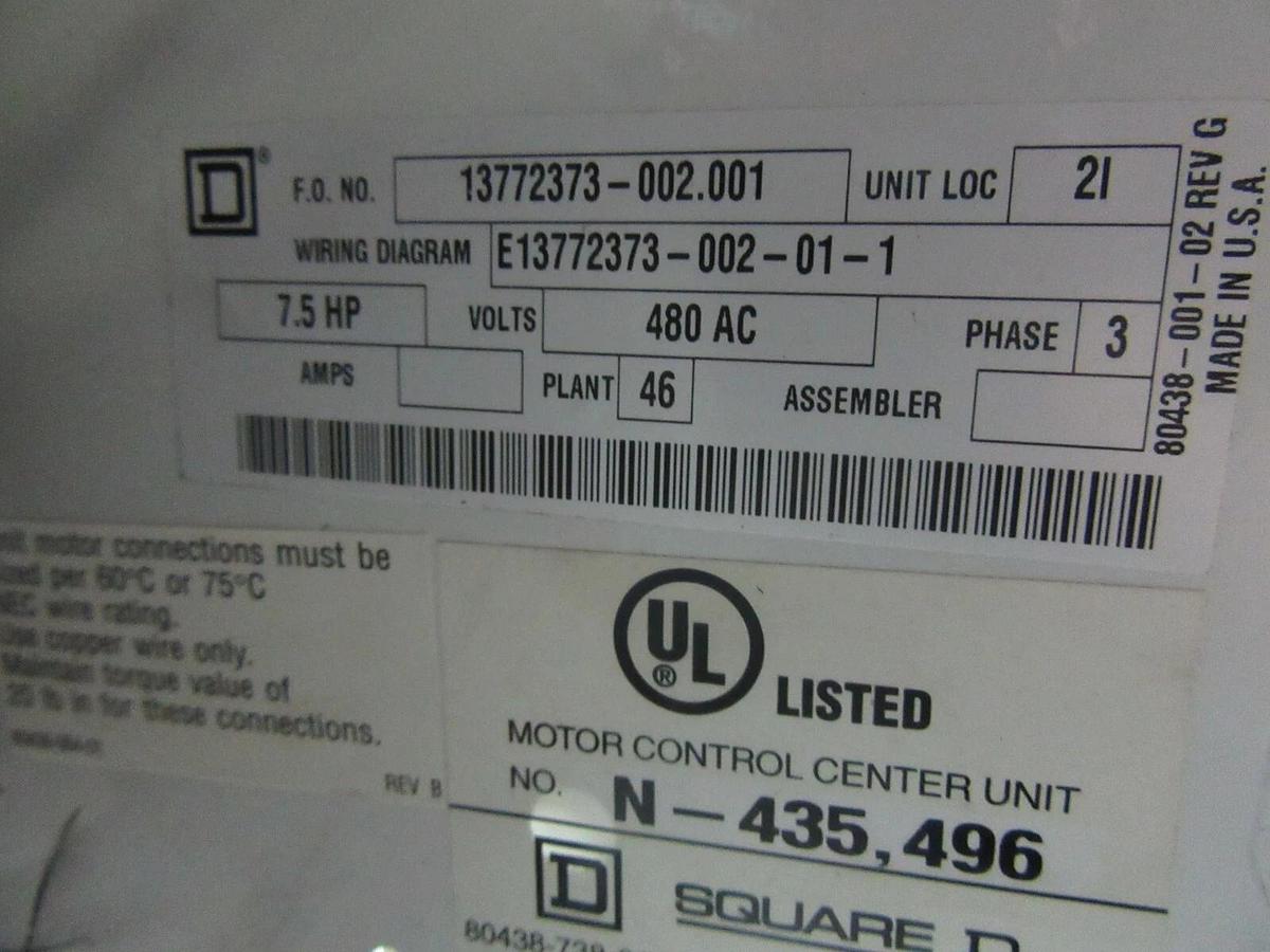 Used SQUARE D MODEL 6 MCC BUCKET NEMA SIZE 1 15 AMP 12" FA100-3MC6 W/ 8536SCO3S