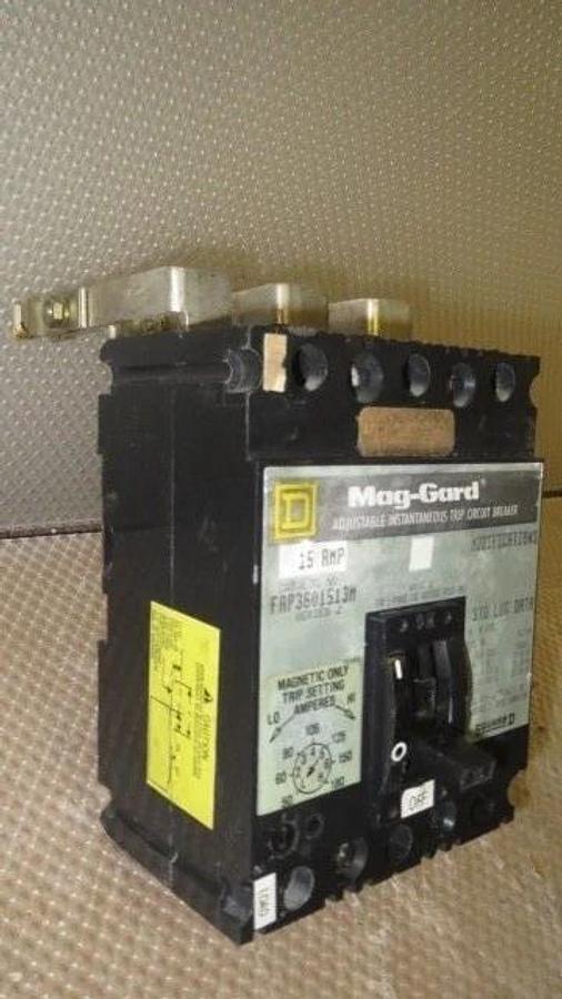 Used SQUARE D MAG-GUARD BREAKER 15 AMP 600 VAC 3 POLE MODEL FAP3601513M SER 2