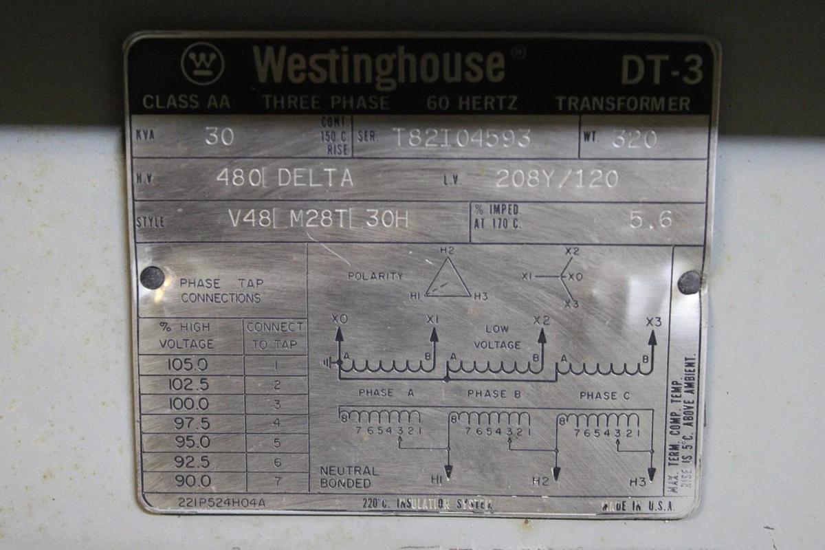 Used WESTINGHOUSE DT-3 TRANSFORMER V48LM28TL30H 30 kVA PRI: 480V SEC: 208Y/120V