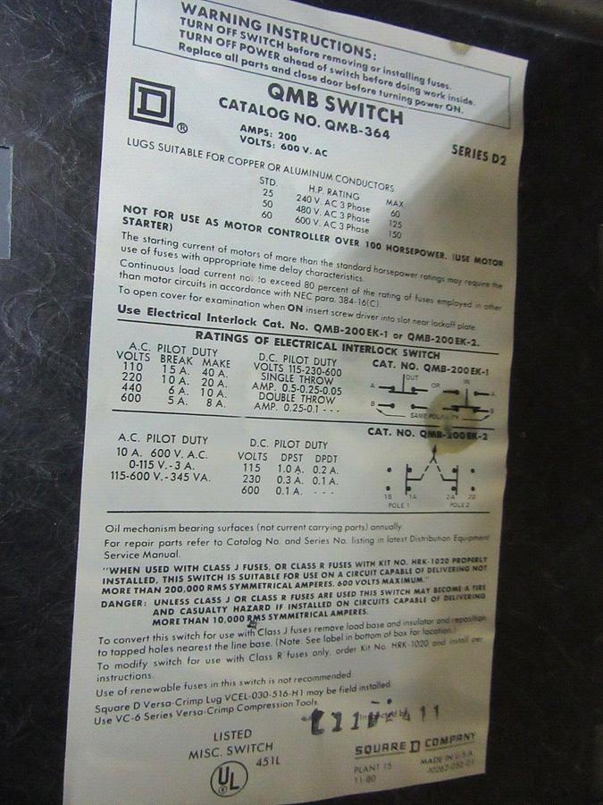 Used SQUARE D QMB PANELBOARD SWITCH QMB-364 200 AMP 600 VOLT 3-POLE 150 HP