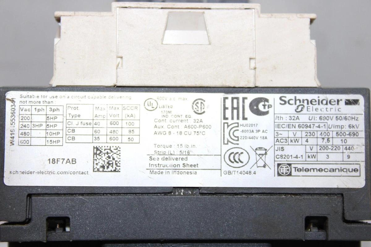 Used SCHNEIDER CONTACTOR LC1D18 32 AMP 600 VAC 3-POLE 3-PHASE 10 KW COIL: 110V