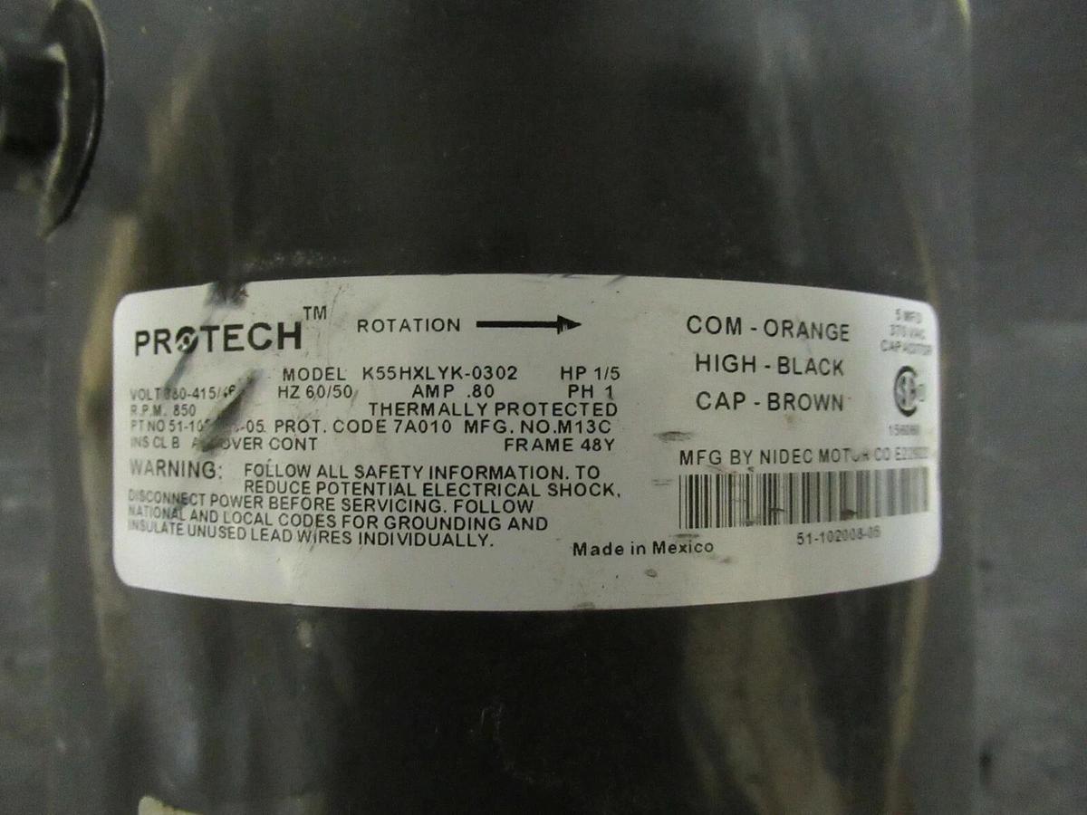Used PROTECH 1/5 (0.20) HP ELECTRIC MOTOR K55HXLYK-0302 850 RPM 460 VAC 1 PH FR 48Y