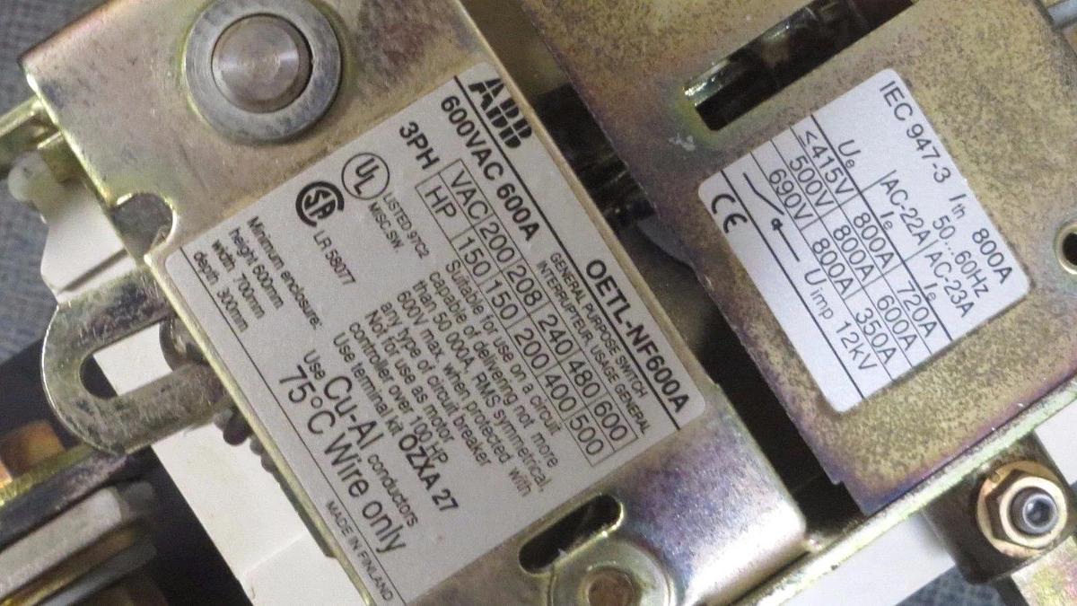 Used ABB GENERAL PURPOSE SWITCH 600 AMP 600 VAC 3 PHASE 150-500 HP MODEL: OETL-NF600A