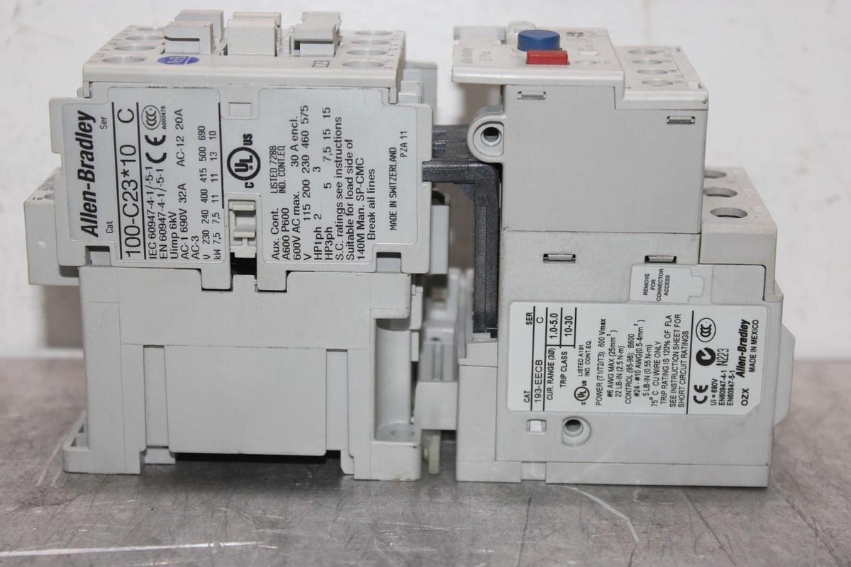 Used ALLEN BRADLEY STARTER 100-C23*10 30 AMP 600 VAC 3-POLE 15 HP W/ 193-EECB