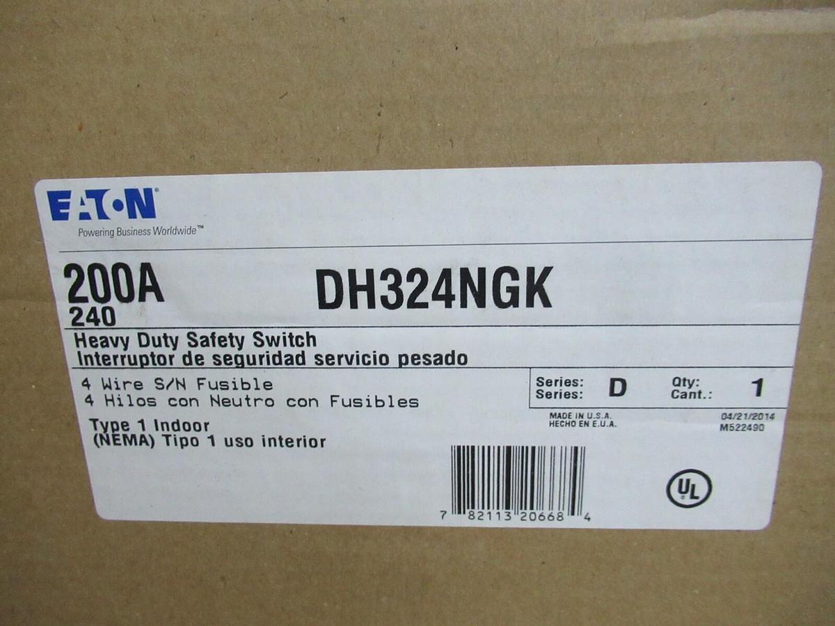 NIB EATON 200 AMP HEAVY DUTY SAFETY SWITCH DH324NGK TYPE 1 3-POLE 60 HP 240 V