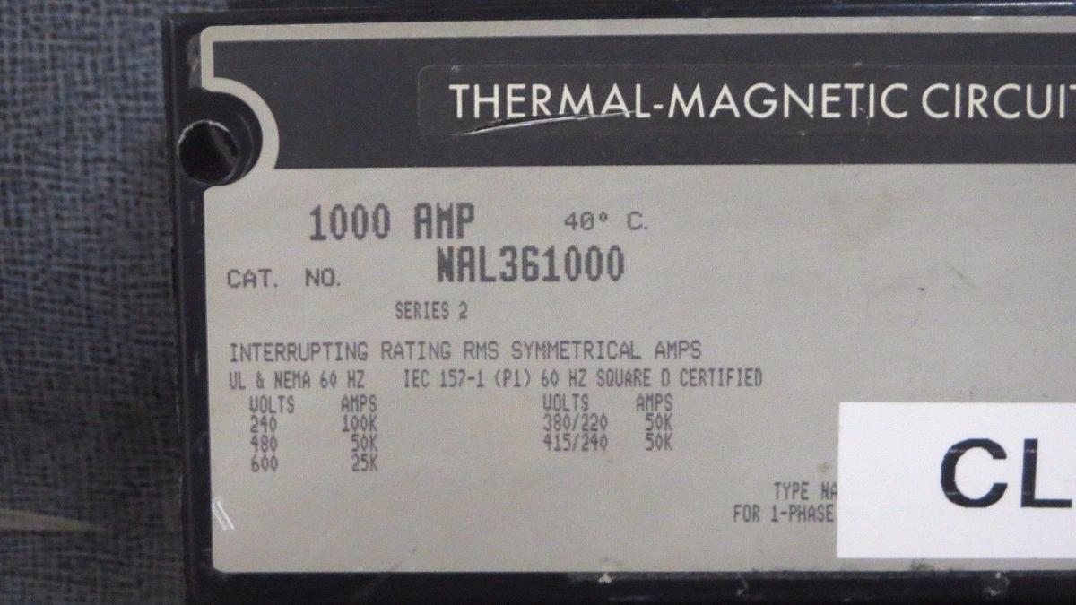 Used SQUARE D BREAKER 1000 AMP 600 VAC 3 POLE MODEL NAL361000 **WARRANTY INCLUDED**