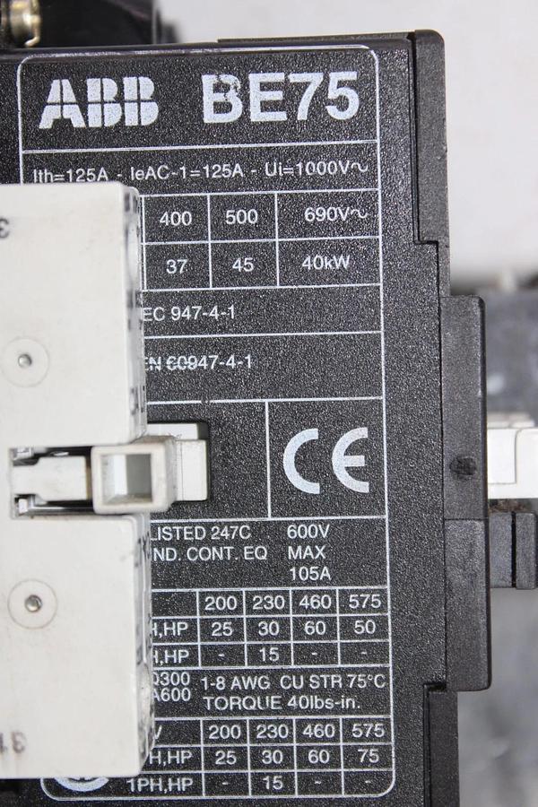 Used ABB CONTACTOR BE75C-Y21EX 105 AMP 600 VAC 3-POLE 75 HP COIL: 24 VDC