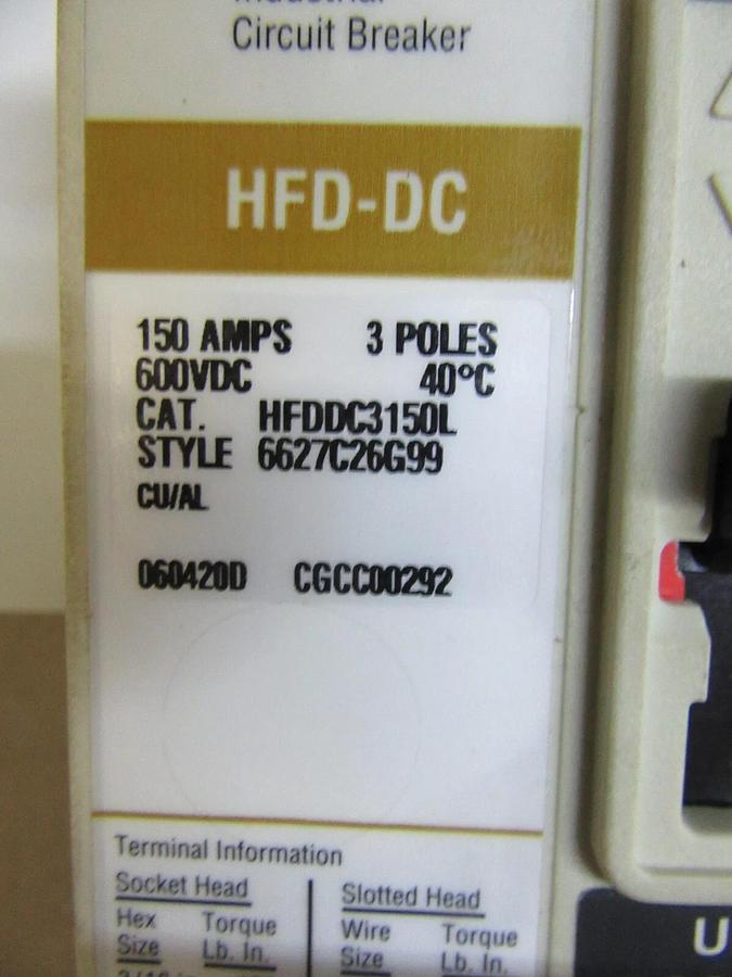 Used CUTLER HAMMER DC CIRCUIT BREAKER HFDDC3150L 150 AMP 3-POLE 600 VDC **WARRANTY**