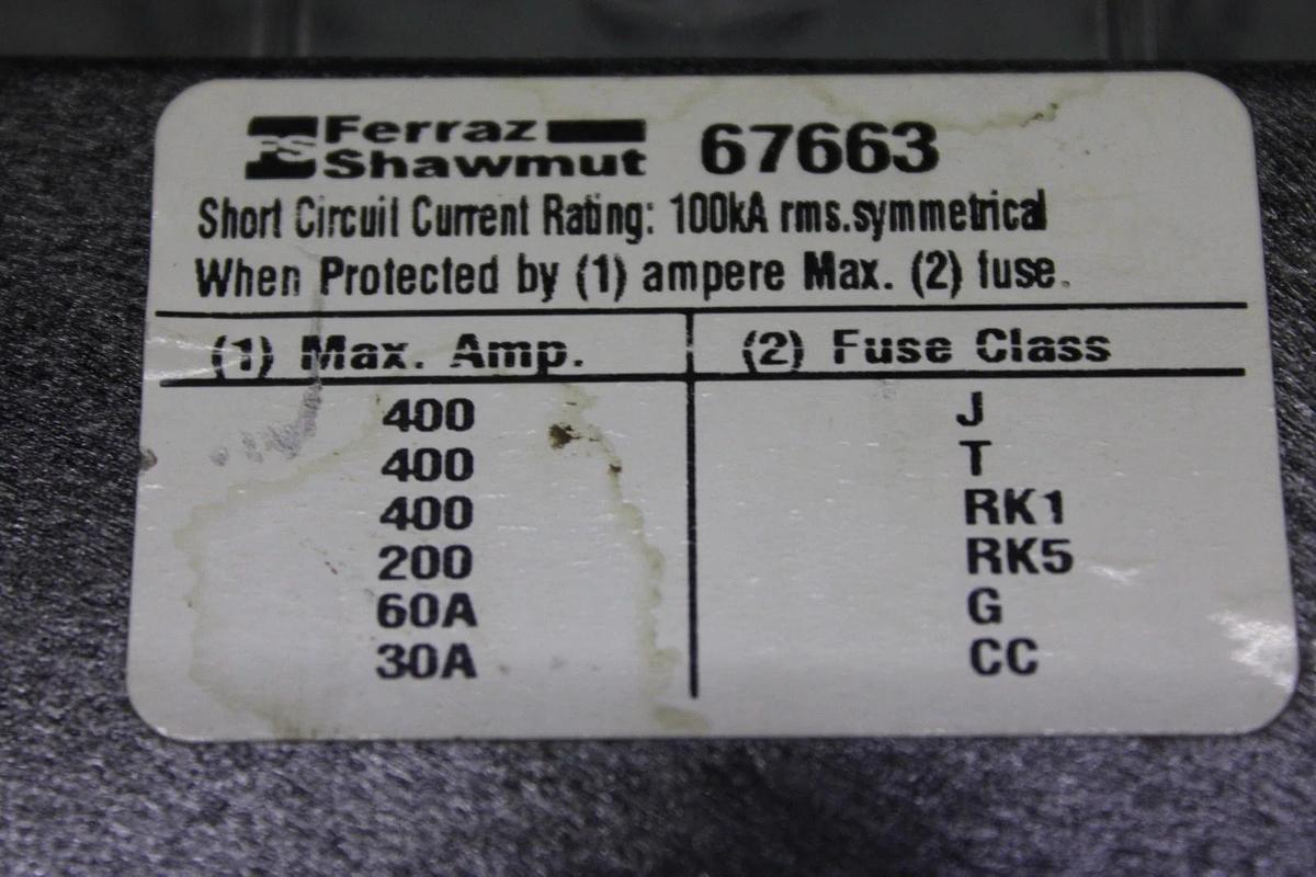 Used FERRAZ SHAWMUT POWER DISTRIBUTION BLOCK 67663 400 AMP 3-POLE 600 VOLT *WARRANTY*