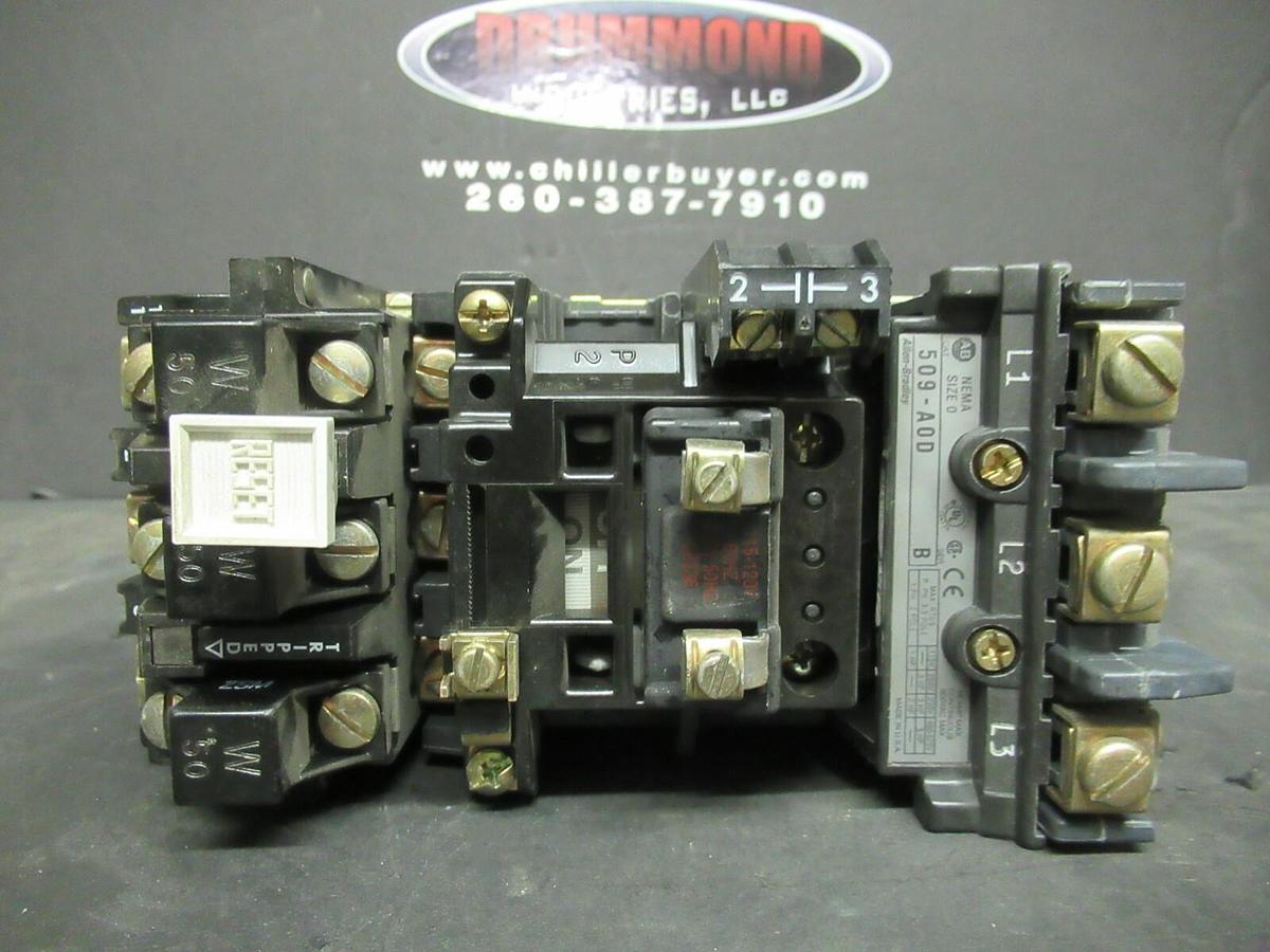 Used ALLEN BRADLEY STARTER 509-A0D SER. B 600 VAC 5 HP @ 460 VAC 3 PH 18 AMP SIZE 0