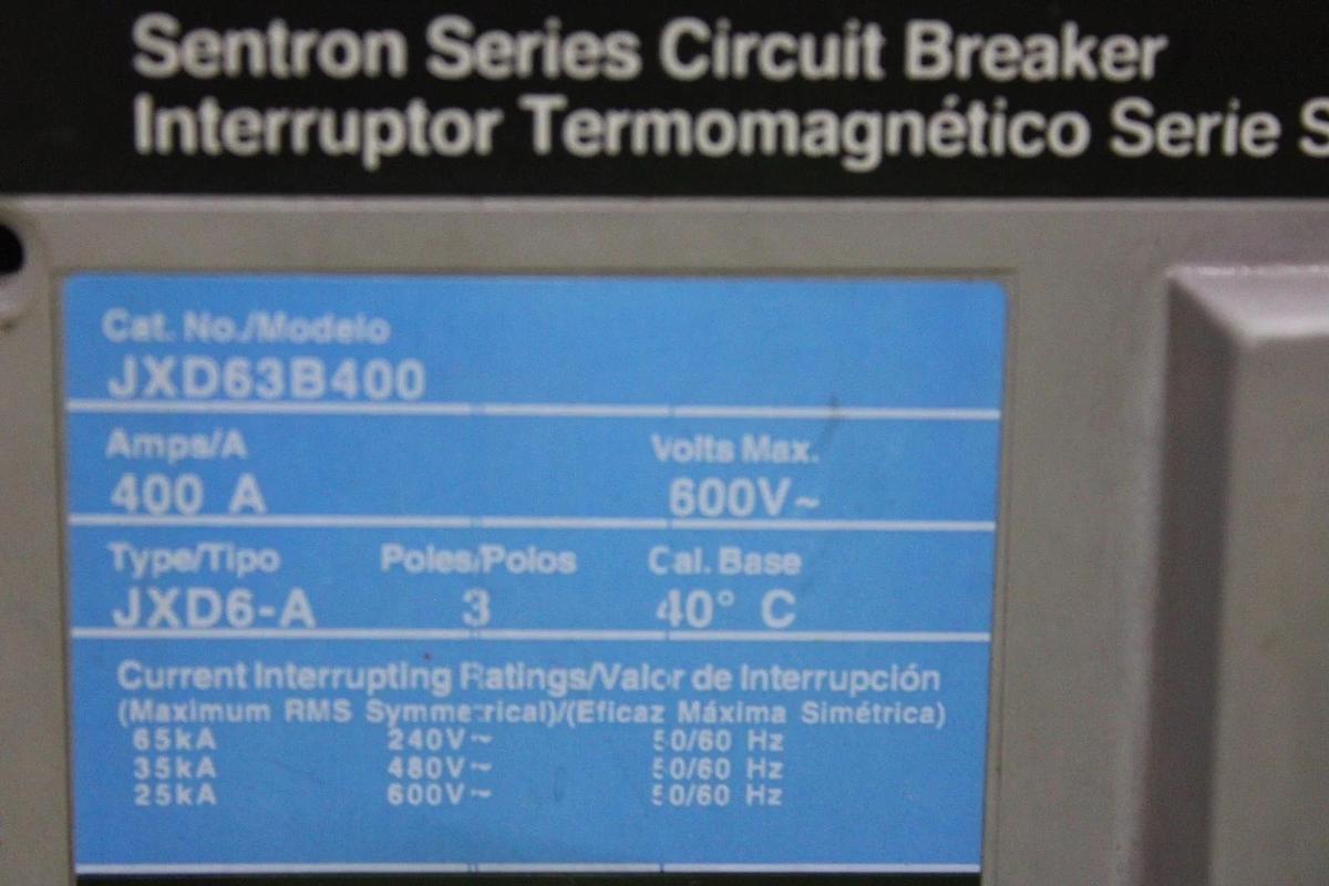 Used SIEMENS SENTRON CIRCUIT BREAKER JXD63B400 400 AMP 3-POLE 600 VAC JXD6-A