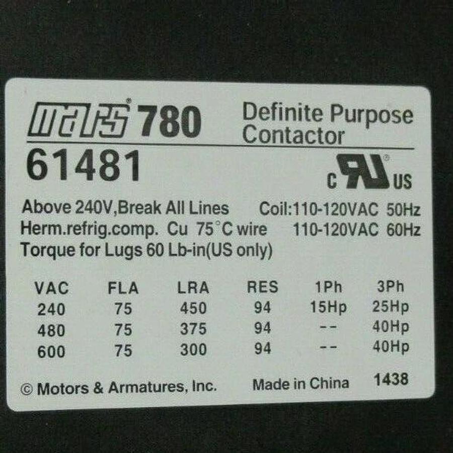 Used MARS 780 CONTACTOR 61481 600 VAC 40 HP 75 AMP 94 AMP/RES COIL: 120 VAC