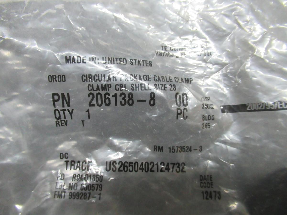 TE CONNECTIVITY CABLE CLAMP SHELL SIZE: 23 206138-8 **WARRANTY INCLUDED**