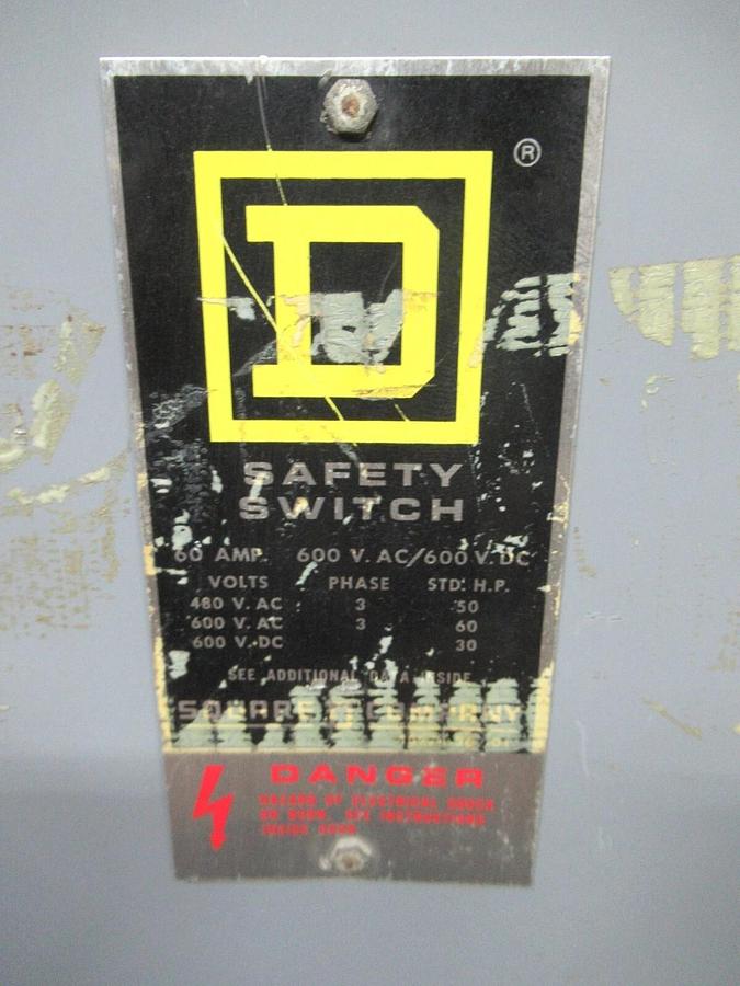 Used SQUARE D SAFETY SWITCH H-363 TYPE 1 ENCLOSURE 60 AMP 60 HP 600 VAC 3-POLE