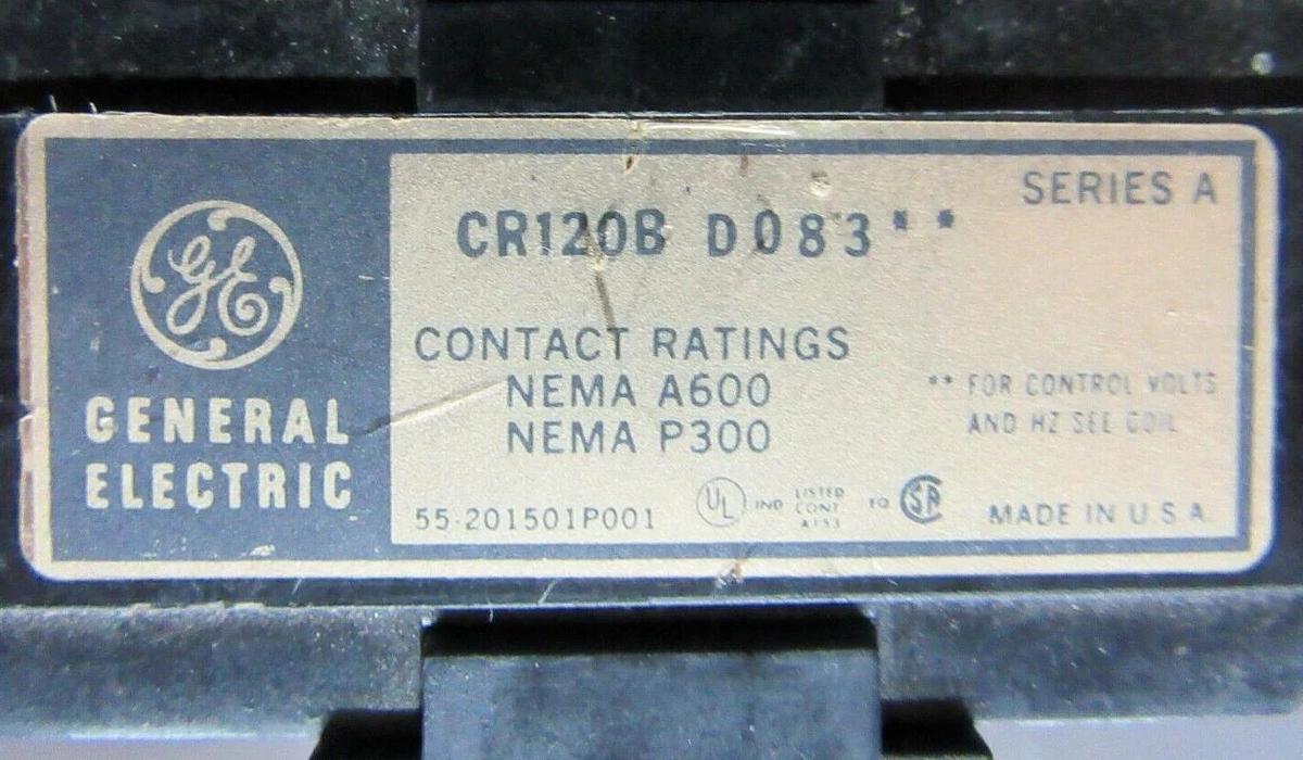 Used GENERAL ELECTRIC INDUSTRIAL RELAY CR120B-D083 600 VOLT COIL: 48 VOLT