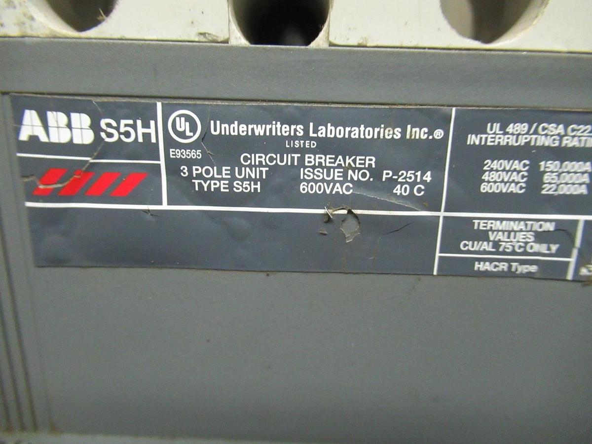 Used 400 AMP ABB BREAKER S5H 3 POLE 600VAC W/ AUXILIARY SWITCH **WARRANTY INCLUDED**