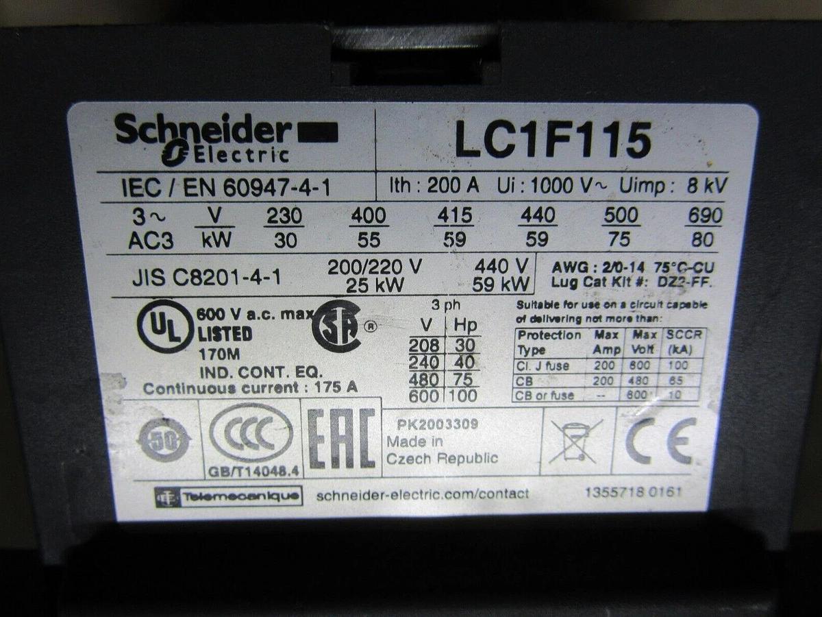 Used SCHNEIDER CONTACTOR LC1F115 175 AMP 600 VAC 3-PHASE 100 HP **WARRANTY**