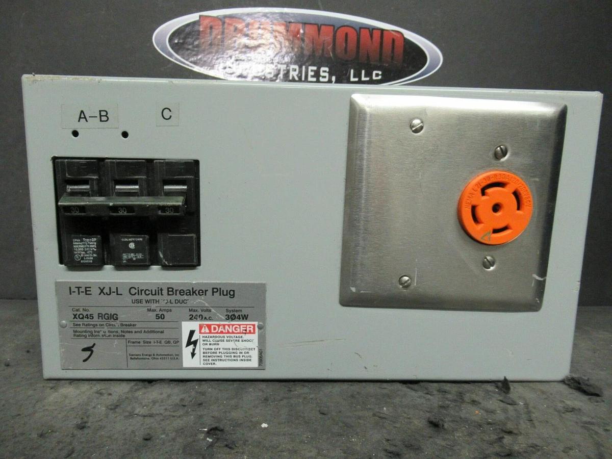 Used SIEMENS ITE BUS PLUG XQ45RG XQ45RGIG 50 AMP 240V 3P4W+GROUND XJ-L 30 AMP BREAKER