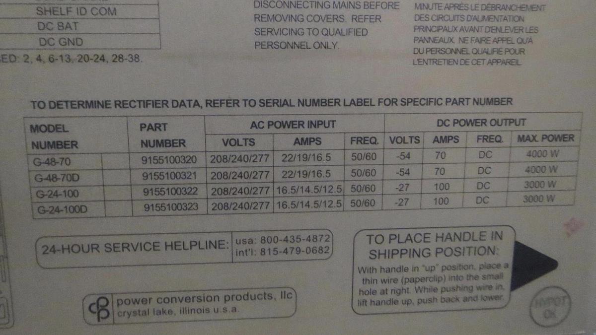 Used EMERSON / POWER CONVERSION RECTIFIER 48V 70 AMP 4000W 9155100321 G-48-70D