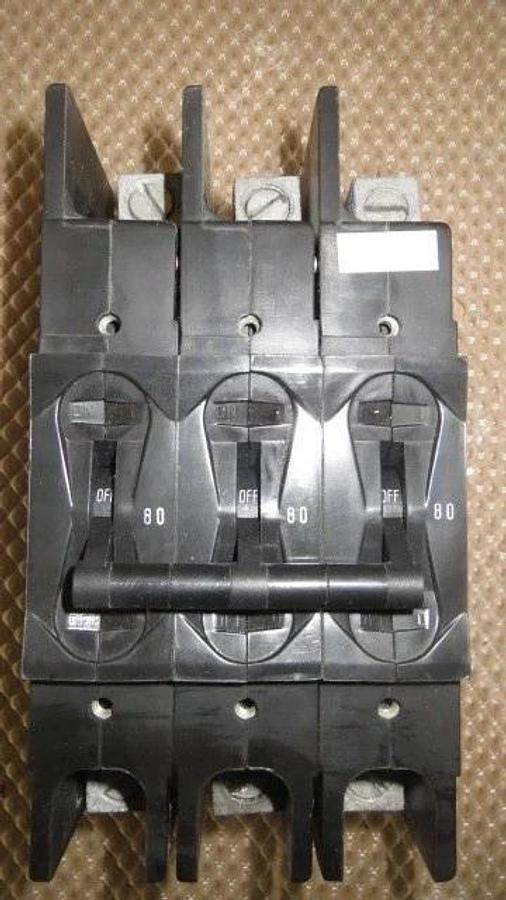 Used 80 AMP BREAKER AIRPAX BREAKER -- F.L. AMPS 80 -- 480 VAC -- 3 POLE