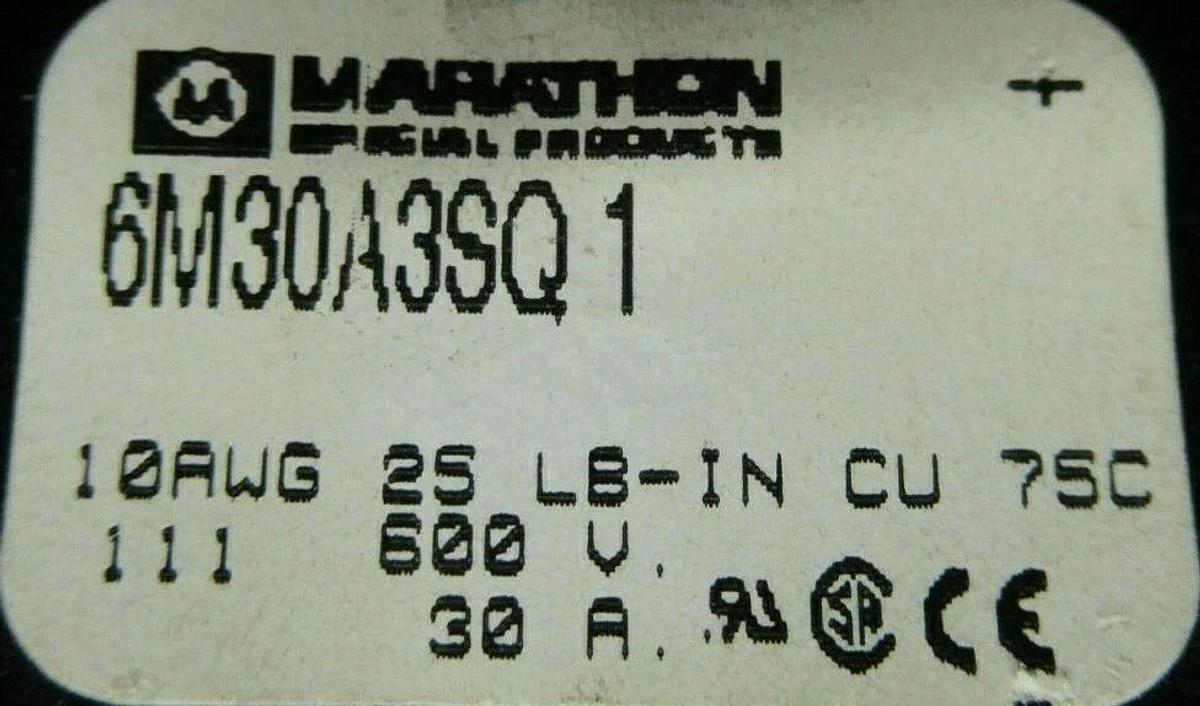 Used MARATHON FUSE LUG SET 6M30A3SQ1 600 VOLT 30 AMPS **WARRANTY INCLUDED!**