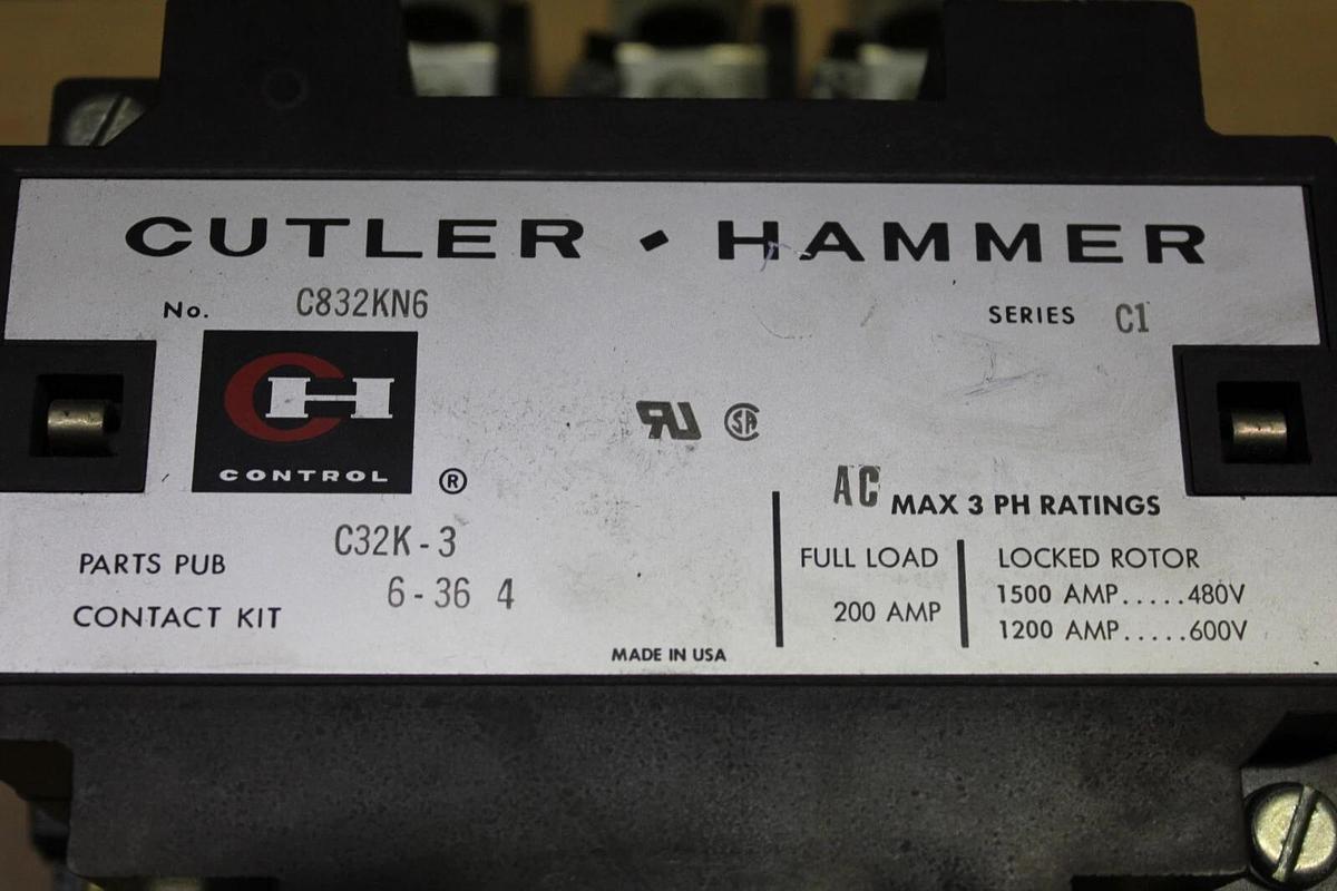 Used CUTLER HAMMER CONTACTOR C832KN6 SERIES C1 200 AMP 3-PHASE 3-POLE COIL: 120V