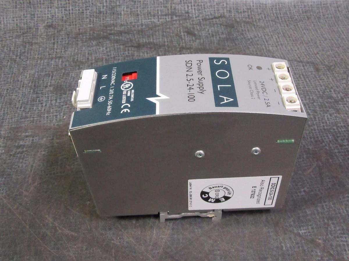 Used SOLA POWER SUPPLY 115/230 VAC IN 24 VDC 2.5 AMP  MODEL: SDN2.5-24-100